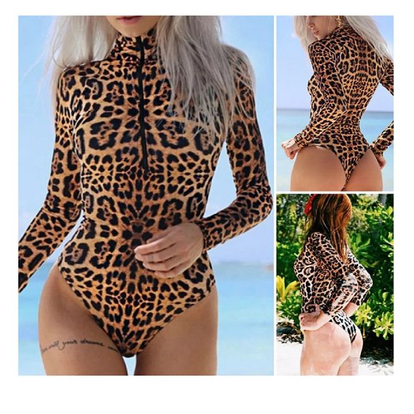 One Piece Swimsuit Leopard print long sleeve rash guard surf suit front zip - Picture 6 of 11